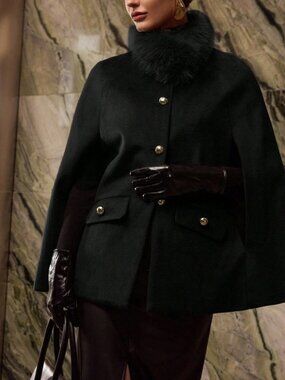 Black Fuzzy Collar Cape Coat with Gold Buttons